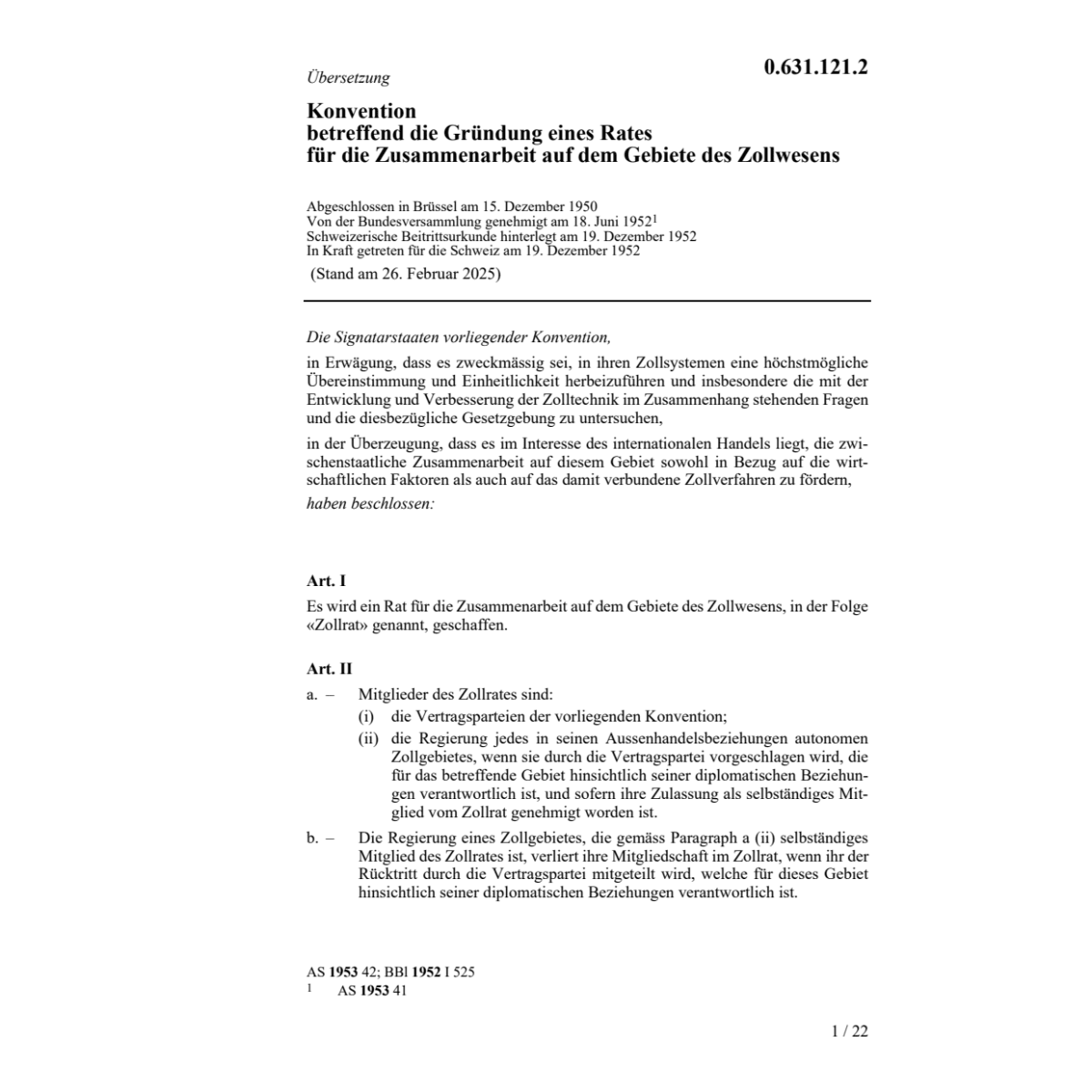 Konvention Gründung Rat Zollwesen
