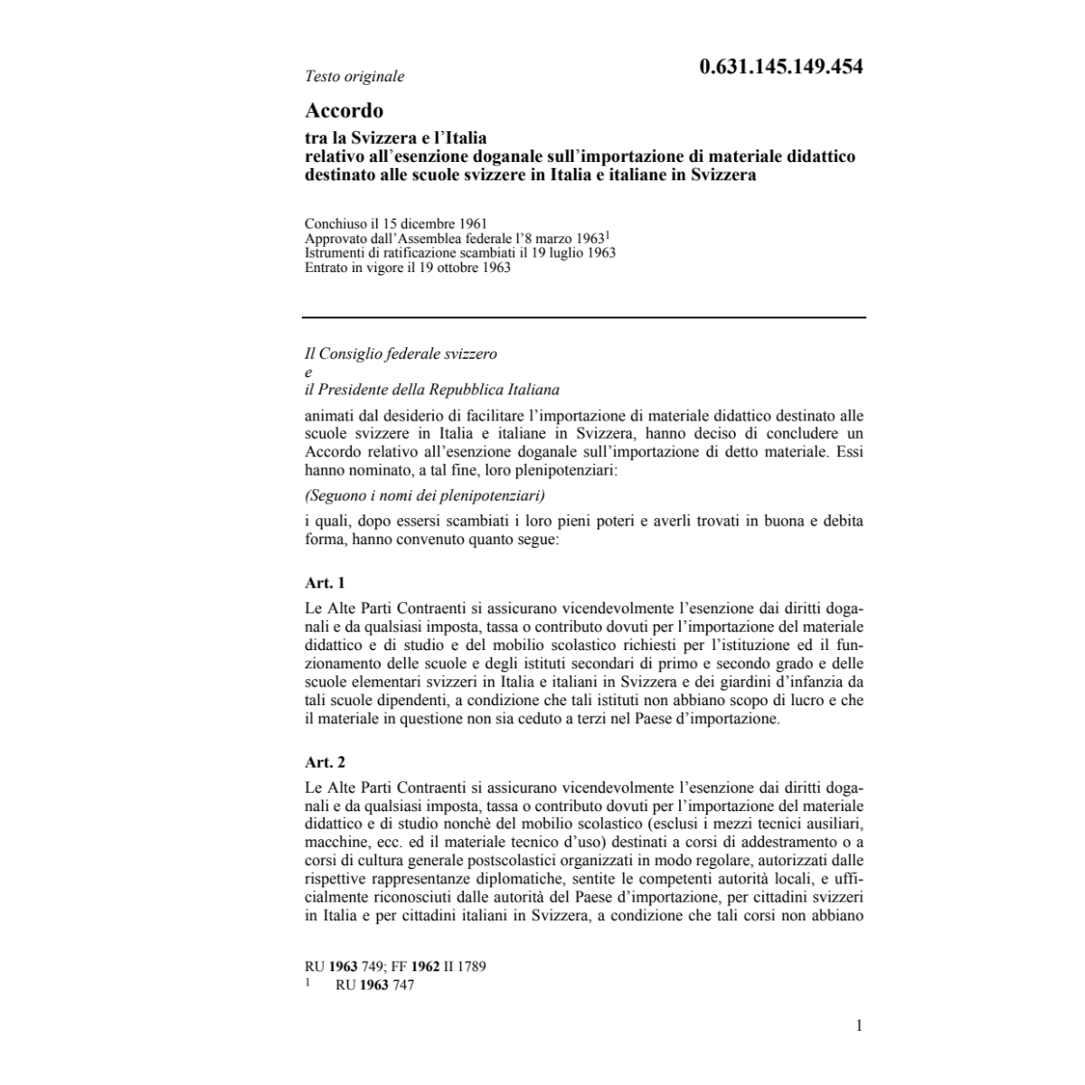 Acc. esenzione doganale Italia