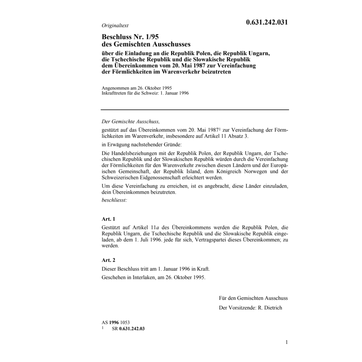 Beschluss 1/95 Förmlichkeit Warenverkehr