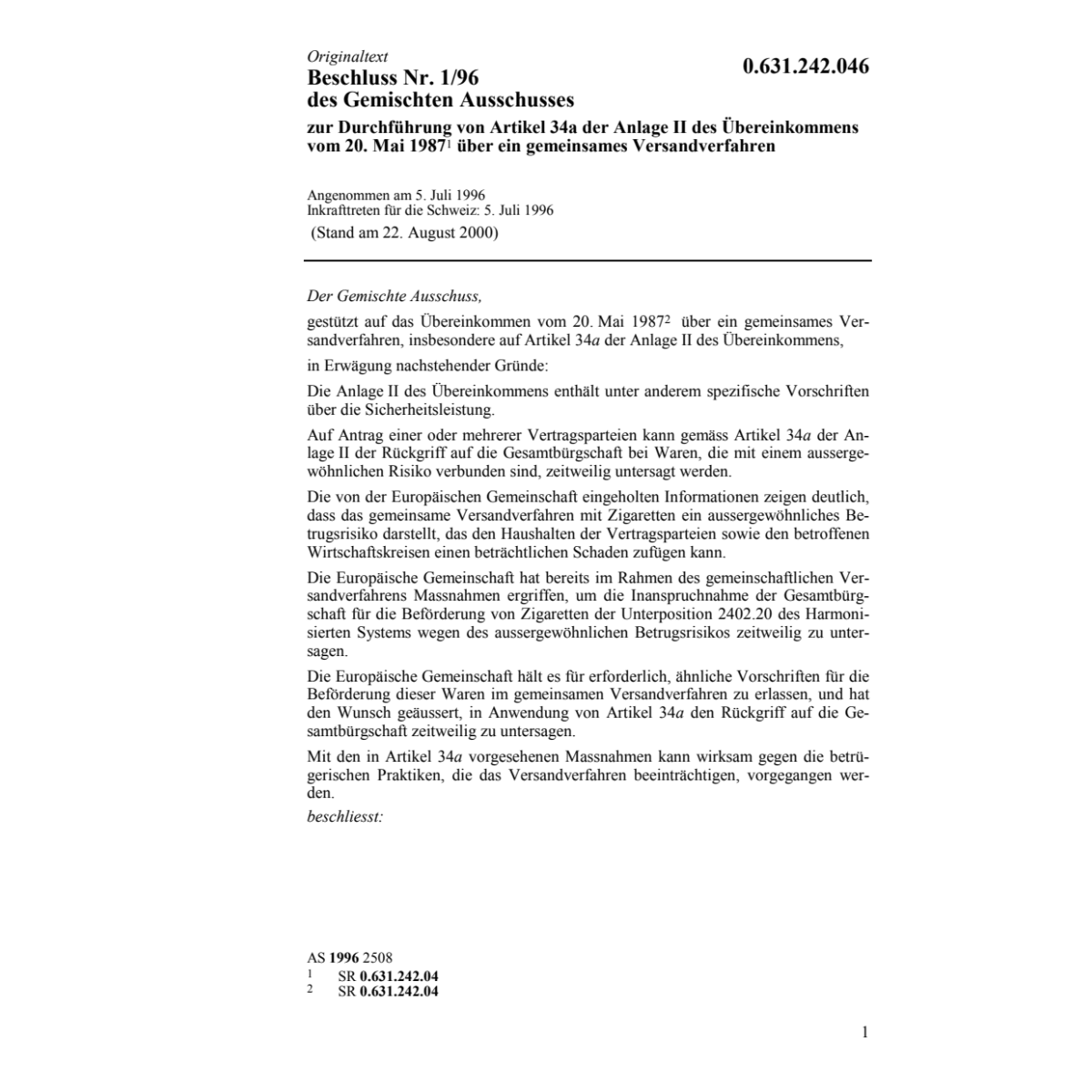 Beschluss 1/96 des Gemischten Ausschuss
