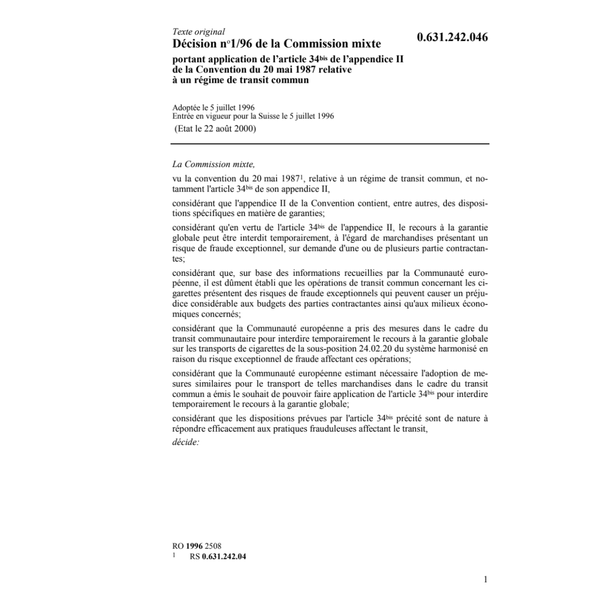 Décision no 1/96 de la Commission mixte