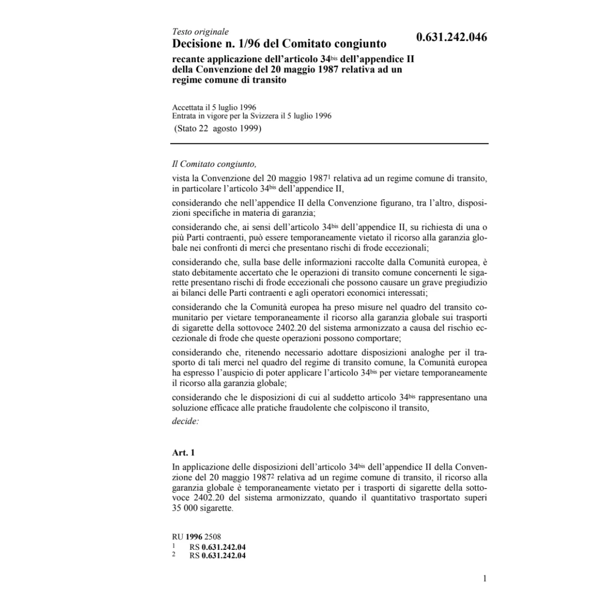 Decisione n. 1/96 del Comitato congiunto