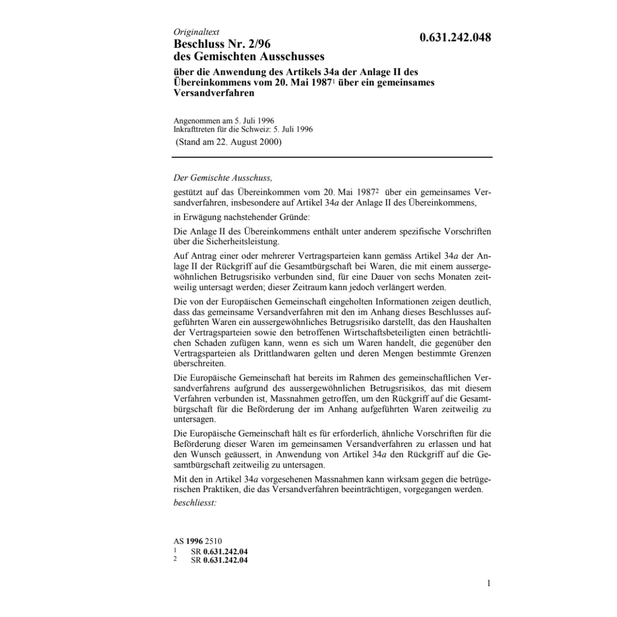 Beschluss 2/96 des Gemischten Ausschuss