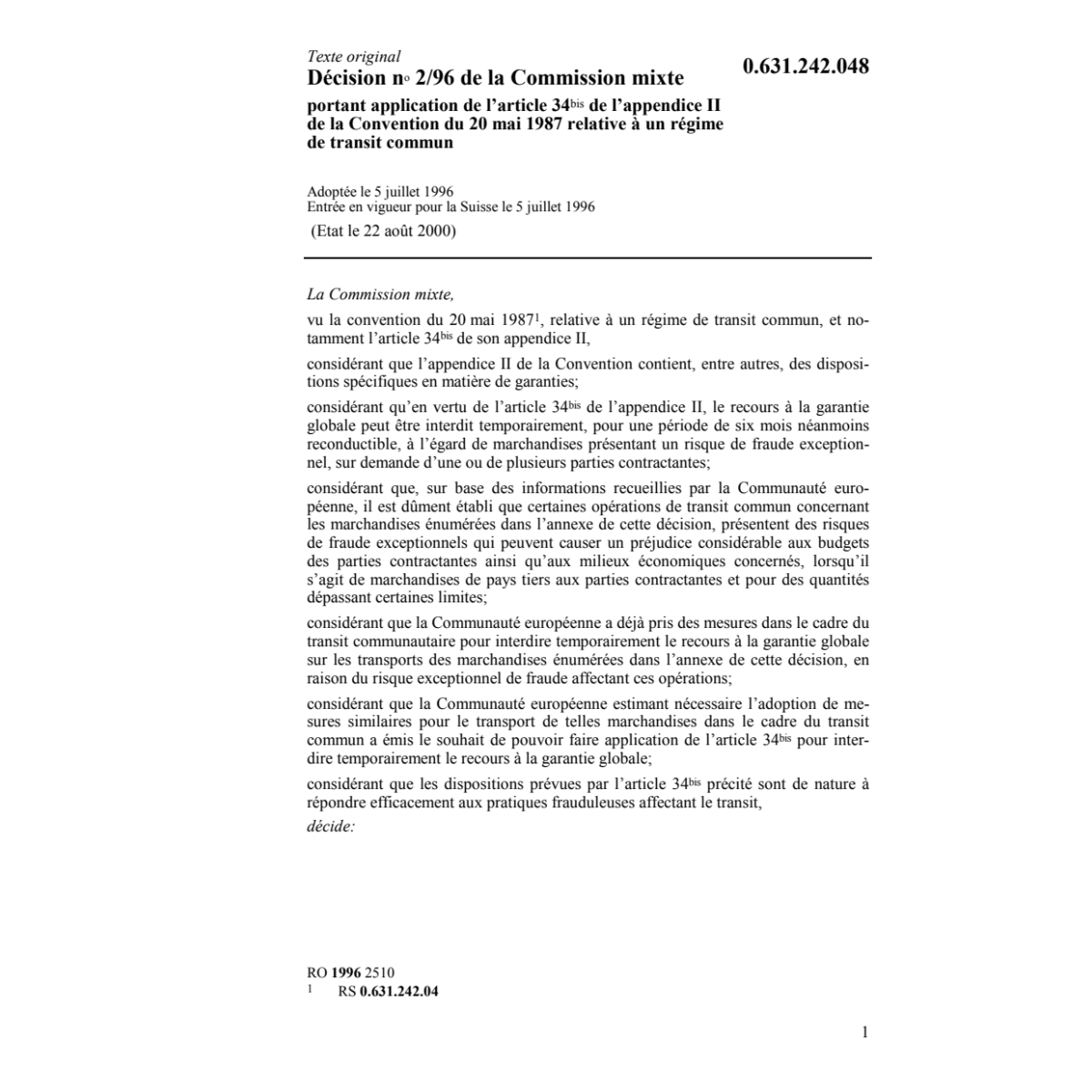 Décision no 2/96 de la Commission mixte