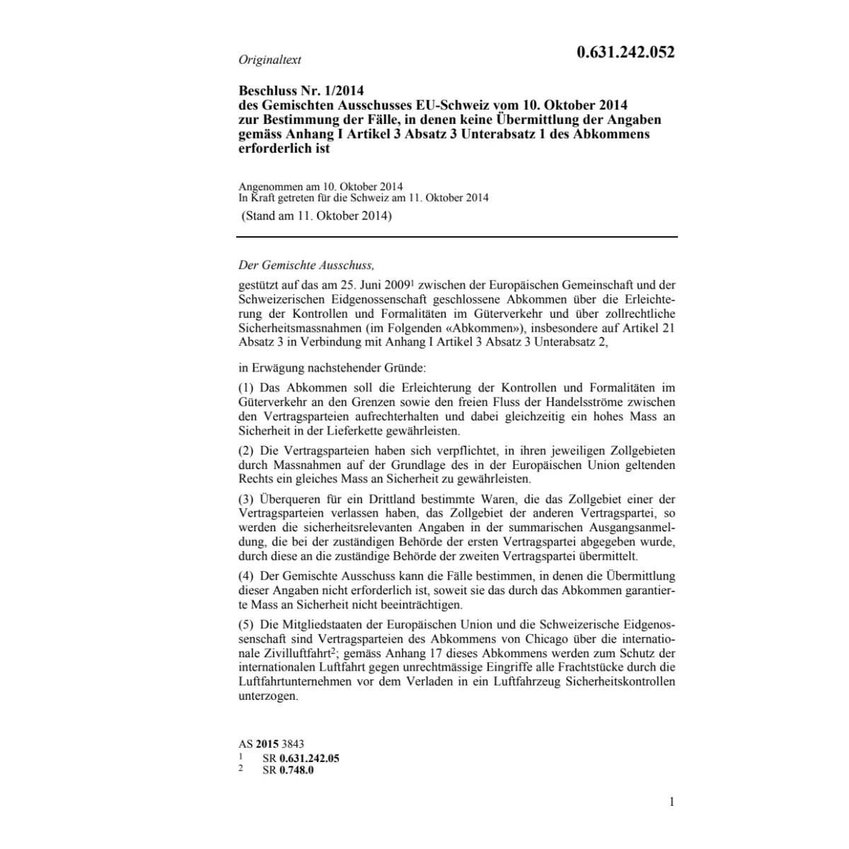 Beschluss Nr. 1/14 Güterverkehr