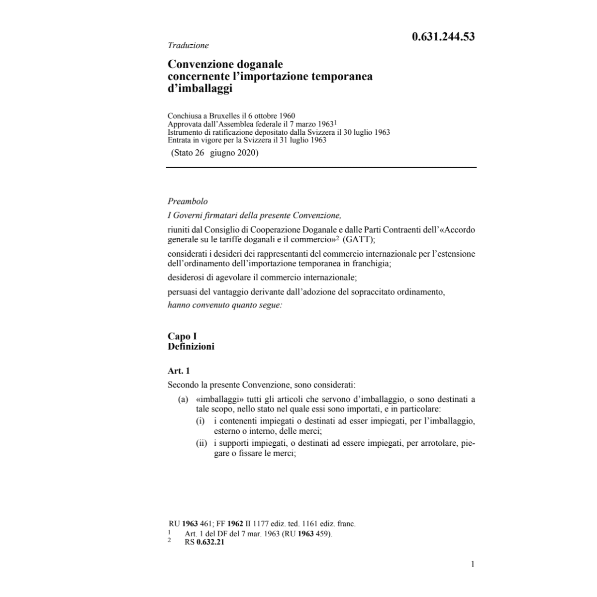 Conv. doganale importazione d'imballaggi
