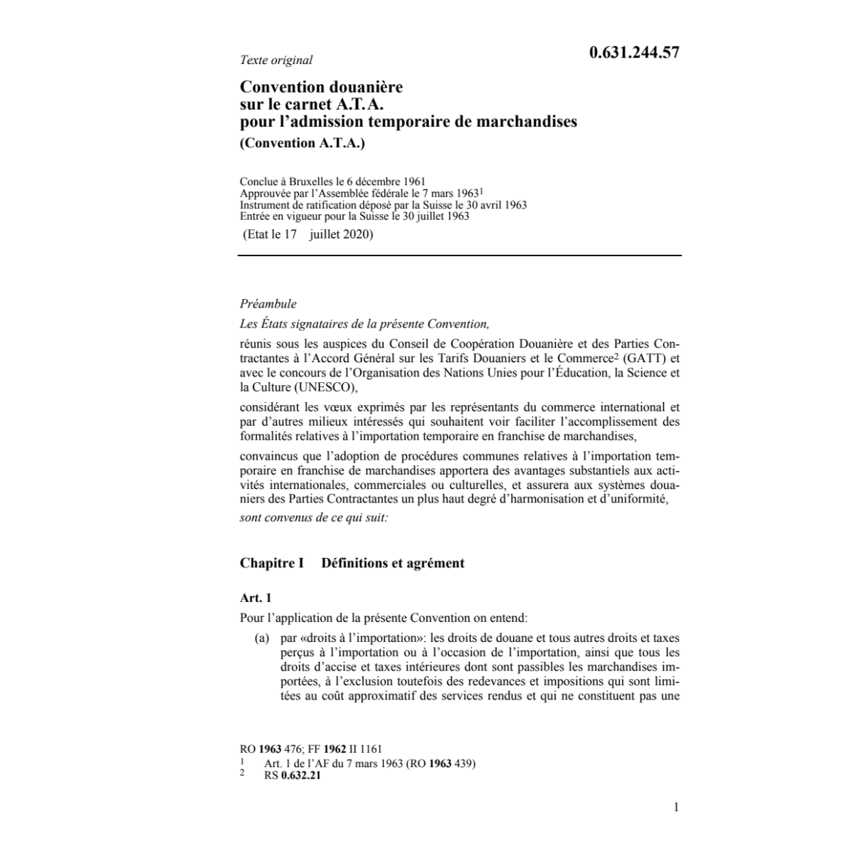 Conv. douanière carnet A.T.A
