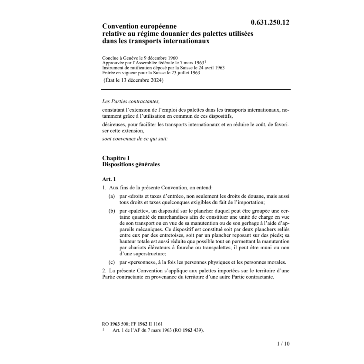 Conv. europ régime douanier des palettes