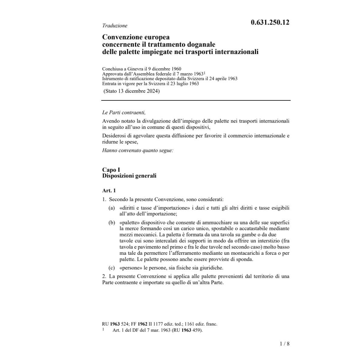 Conv. europ trattamento doganale palette