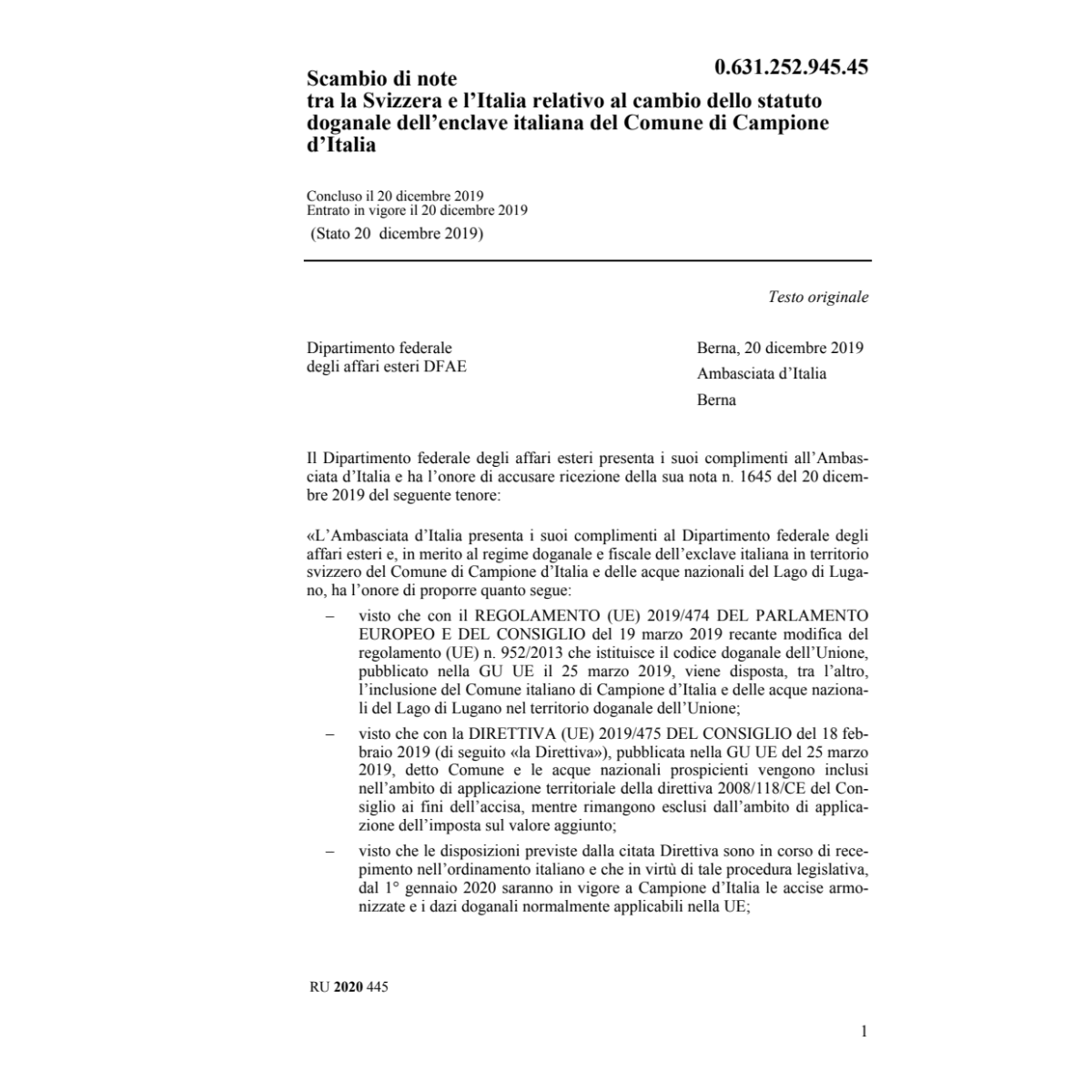 Scambio note 20.12.19 Svizzera Italia