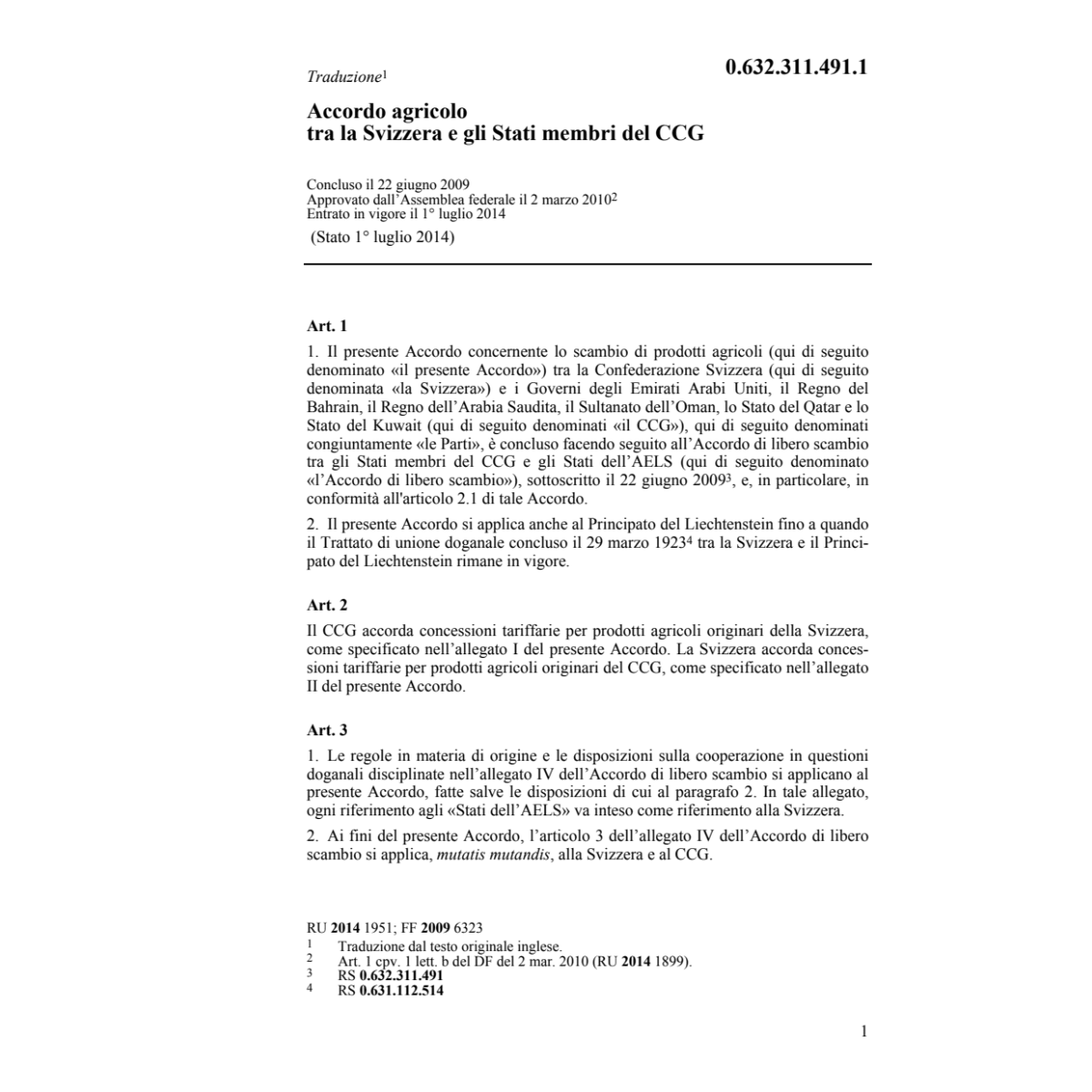 Acc. agricolo CH-Stati membri CCG