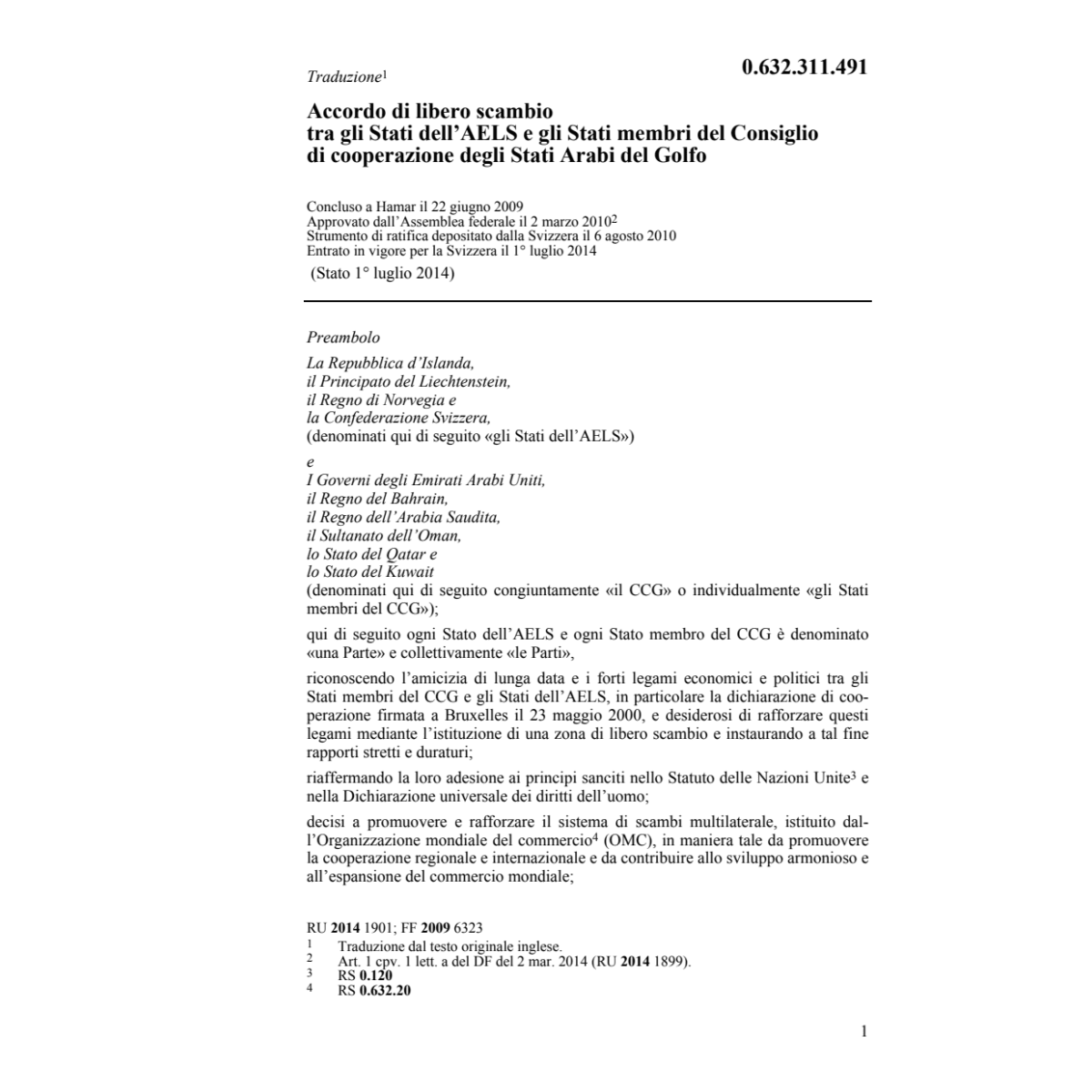 Acc. libero scambio CH-Stati Arabi Golfo