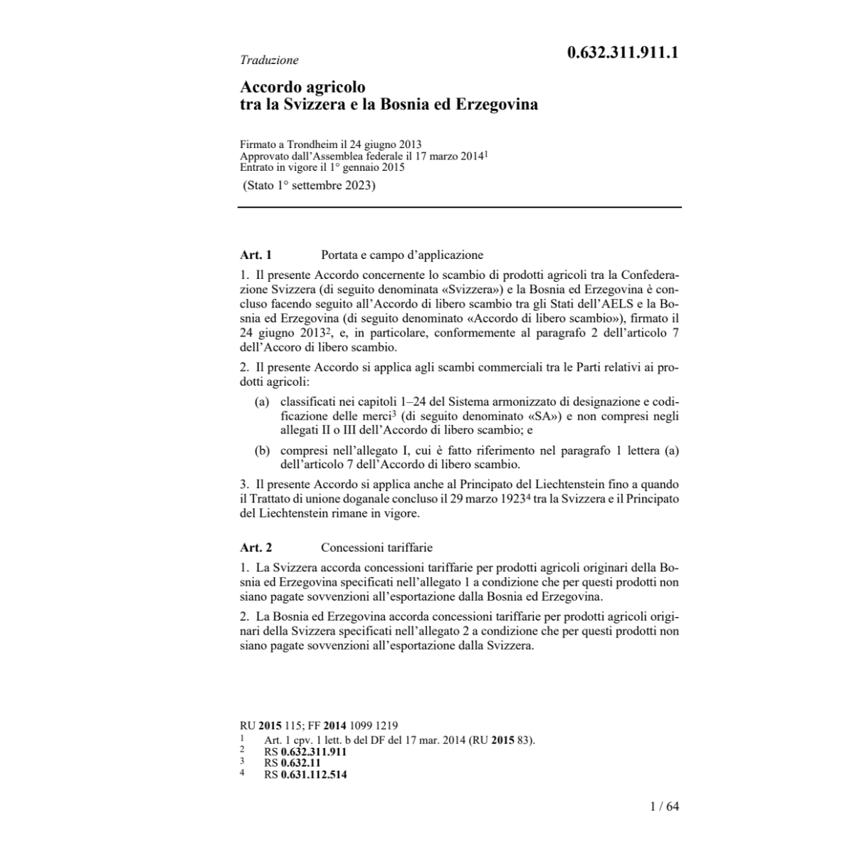 Acc. agricolo CH-Bosnia Erzegovina