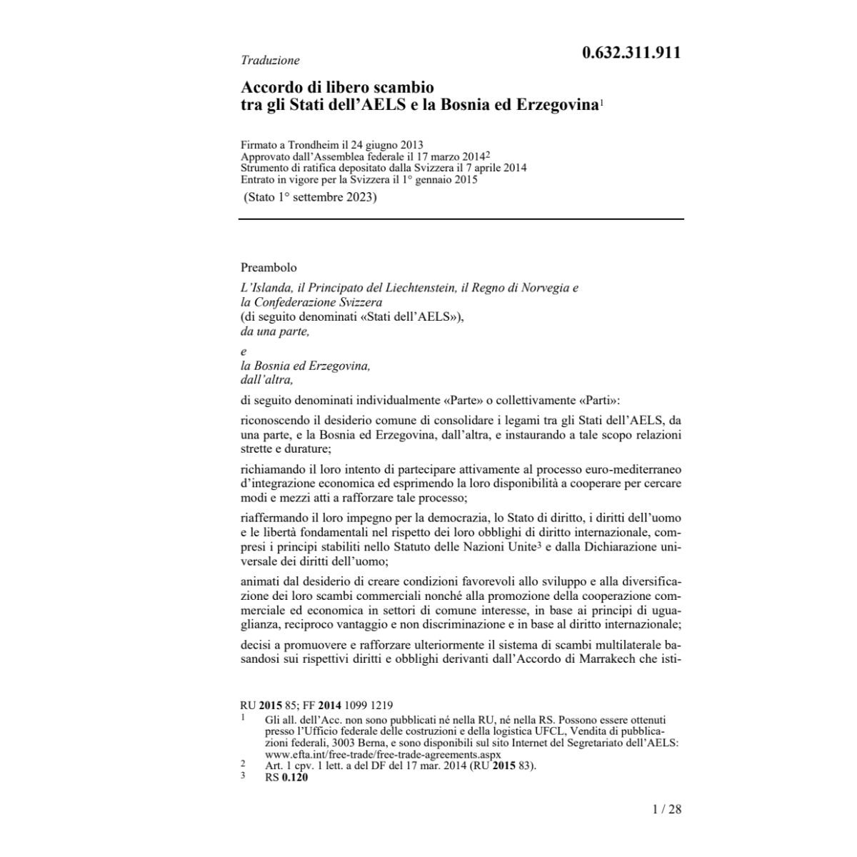 Acc. libero scambio Stati AELS Bosnia