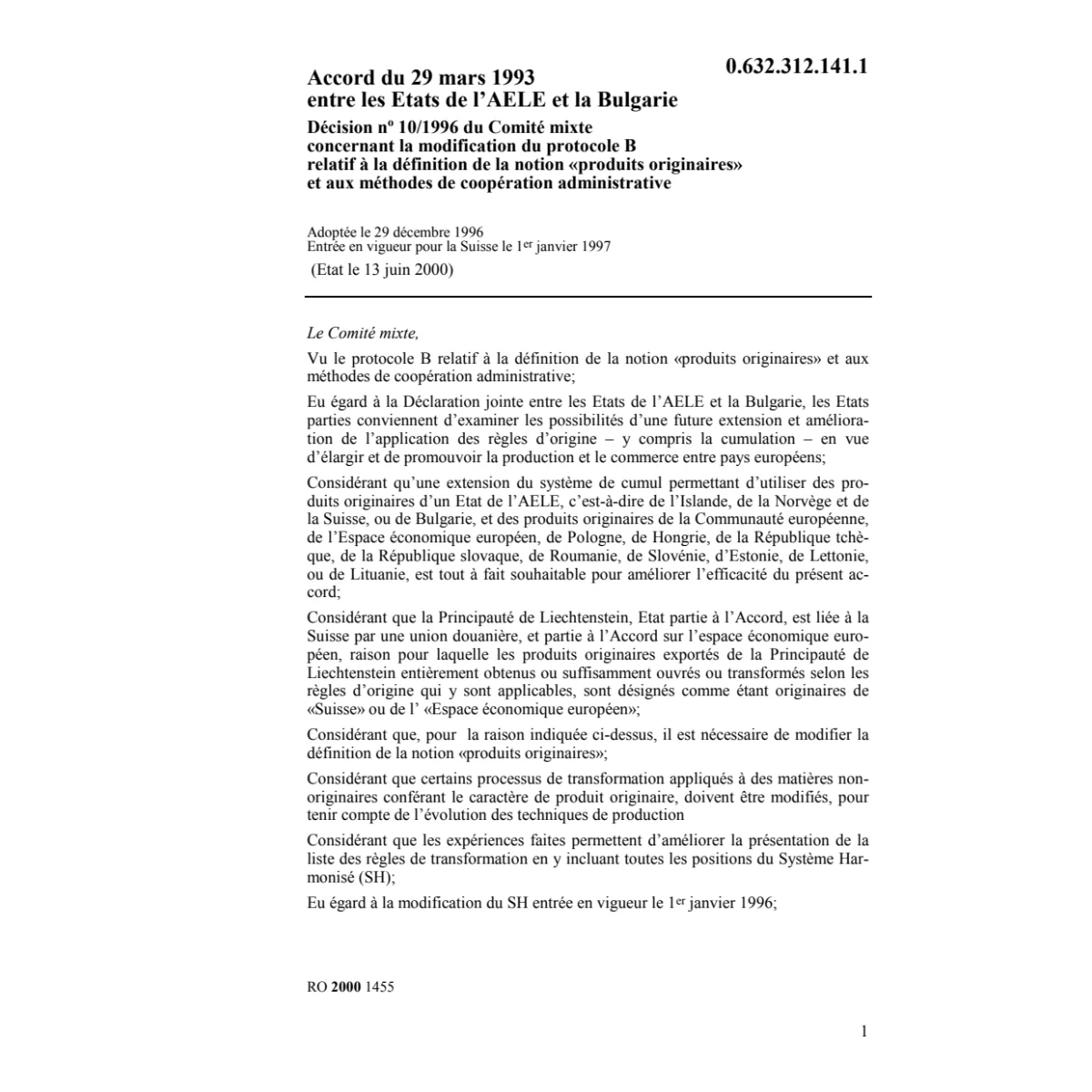 Décision no 10/1996 Etats AELE/Bulgarie