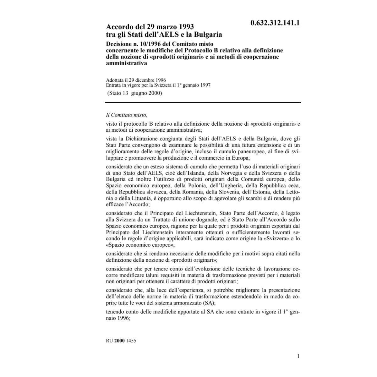 Decision N. 10/1996 Stati AELS/Bulgaria