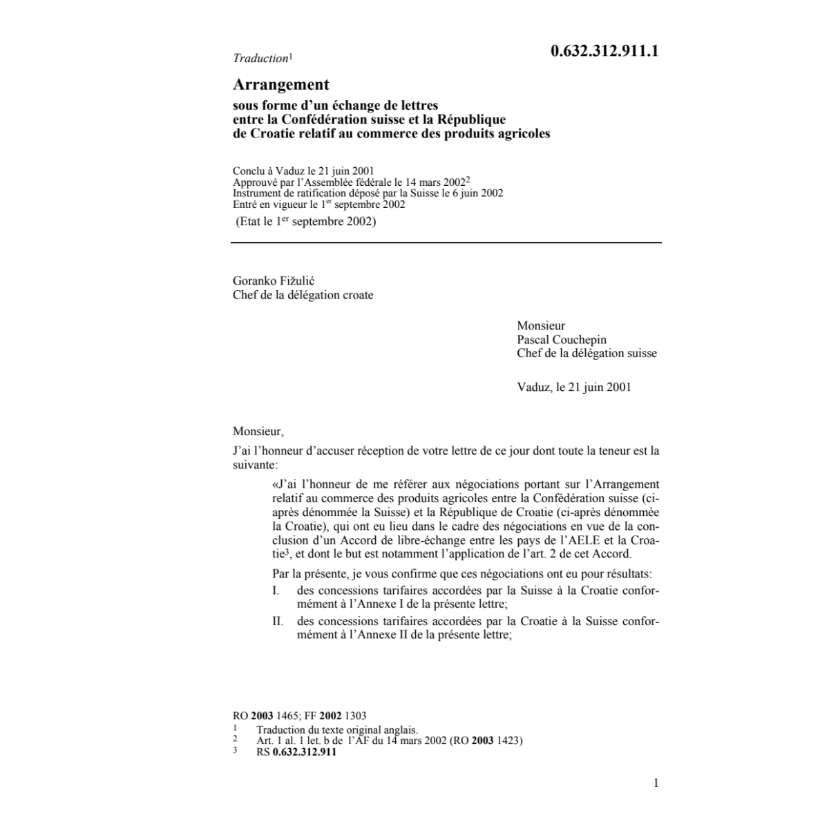 Arrangem CH-Croatie produits agricoles