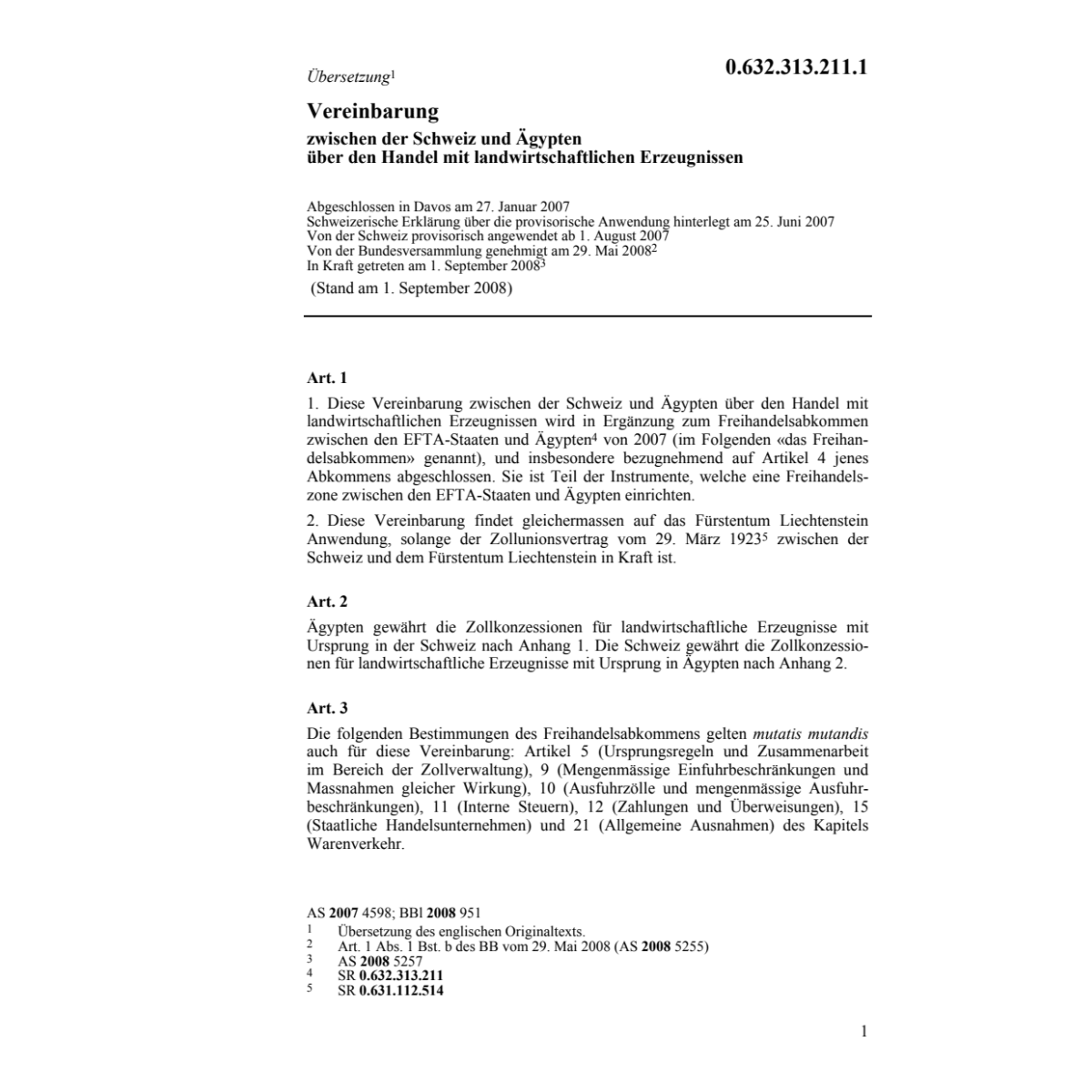 Vereinb. CH-Ägypten landw. Erzeugnisse