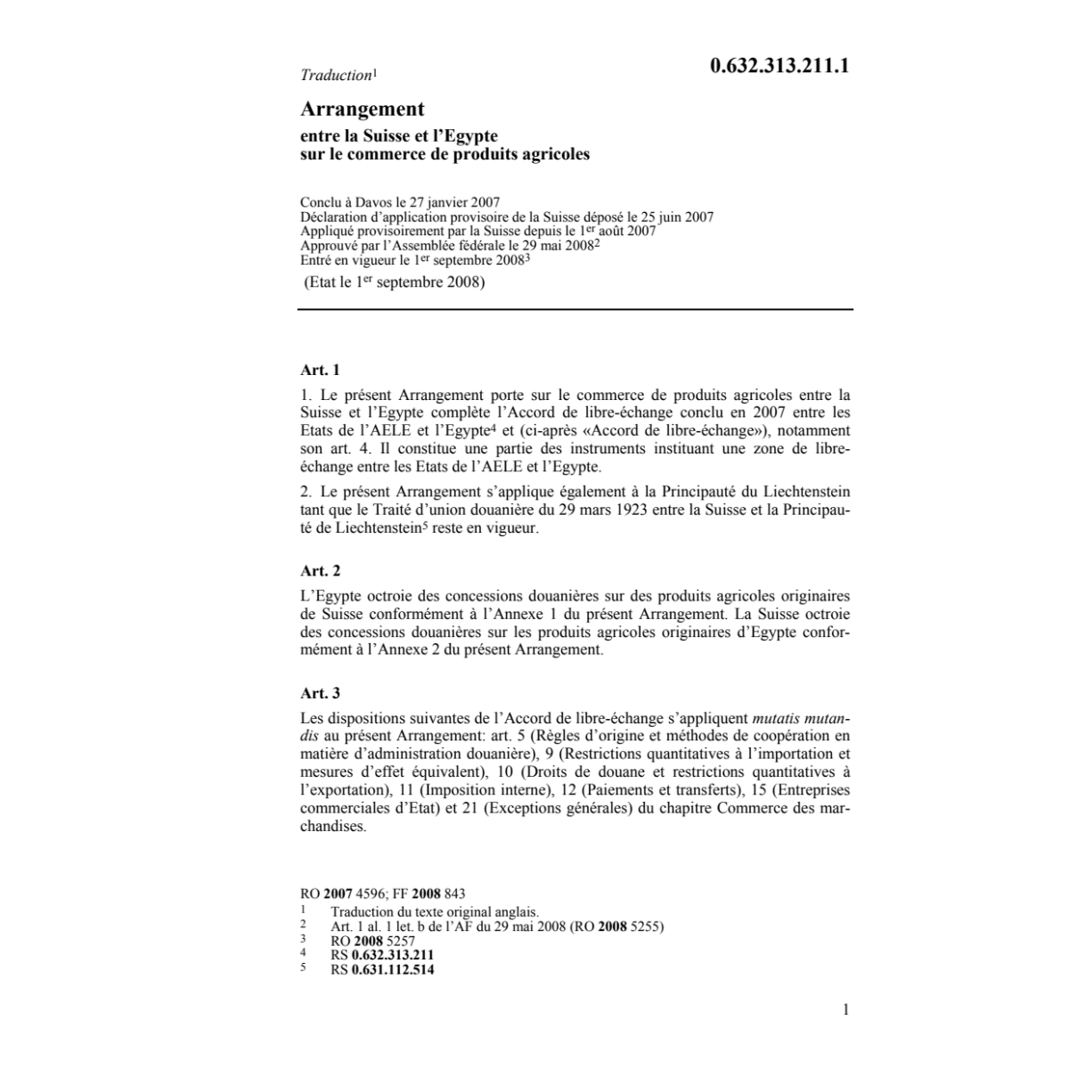 Arrangem CH-Egypte produits agricoles
