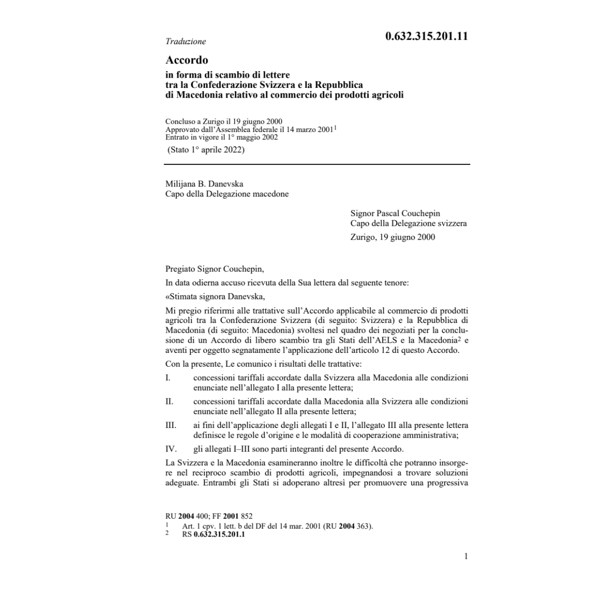 Acc CH-Rep Macedonia prodotti agricoli