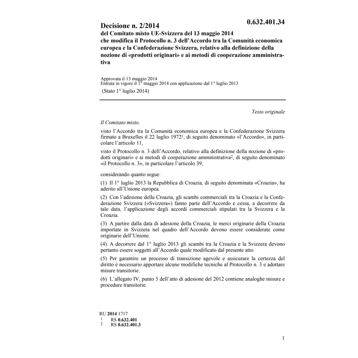 Decisione n.2/2014 prod.originari