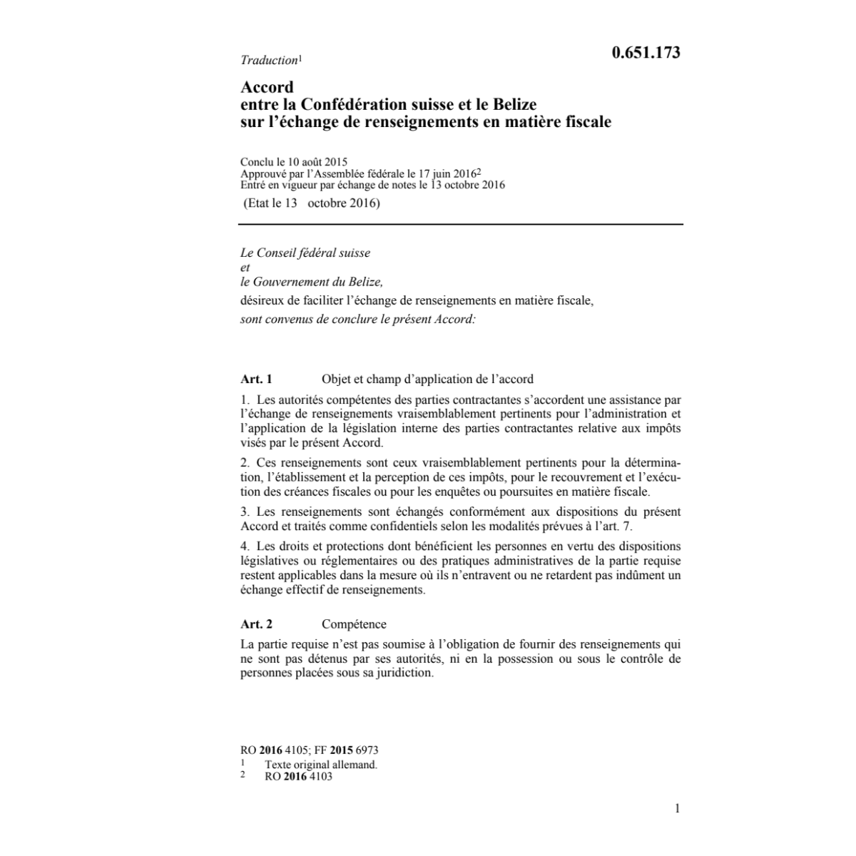 Ac. 10.8.15 CH/Belize échange renseign.
