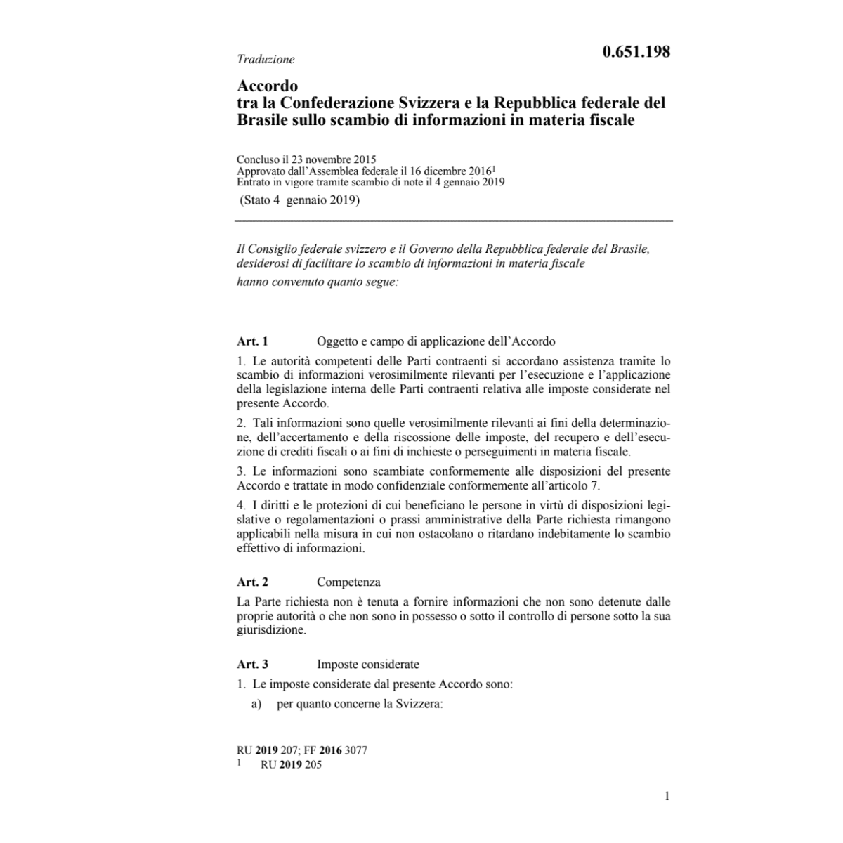 Acc. CH/Brasile scamb. info. mat. fisca.
