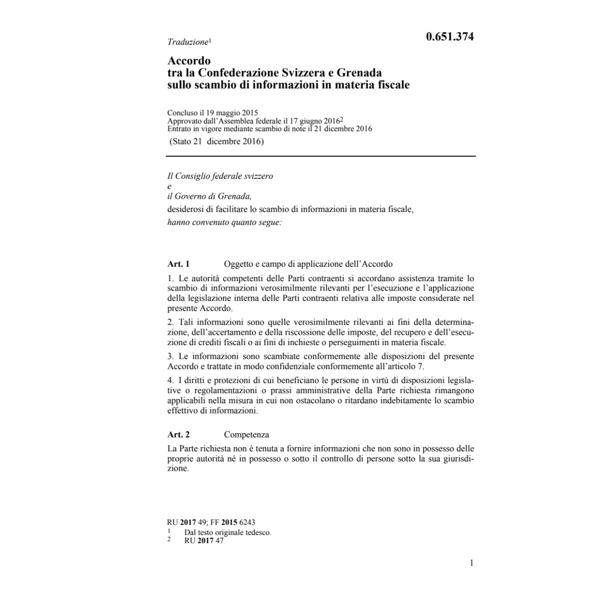 Acc. Grenada scambio inform. mat. fisc.