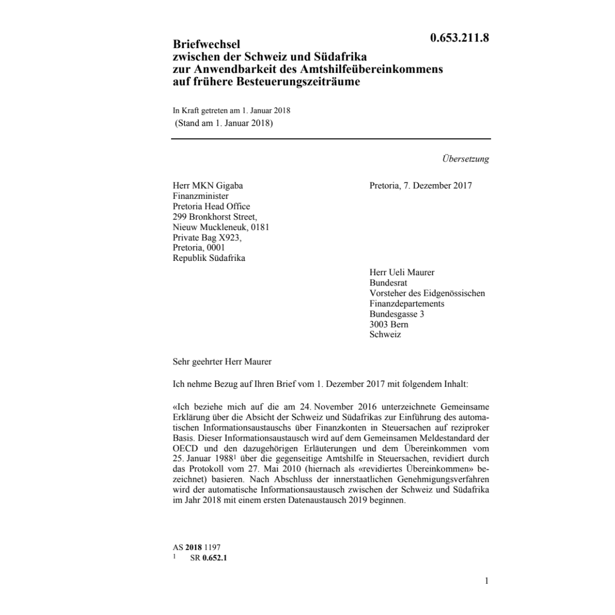 Briefwechsel Südafrika Amtshilfe
