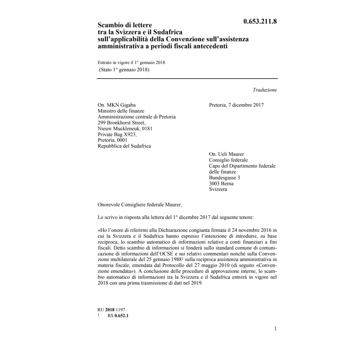 Scambio di lettere Svizzera-Sudafrica