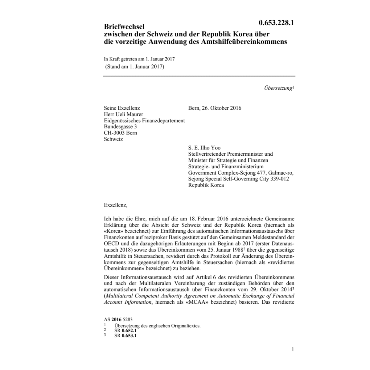 Briefw. CH-KOR Amtshilfeübereinkommen