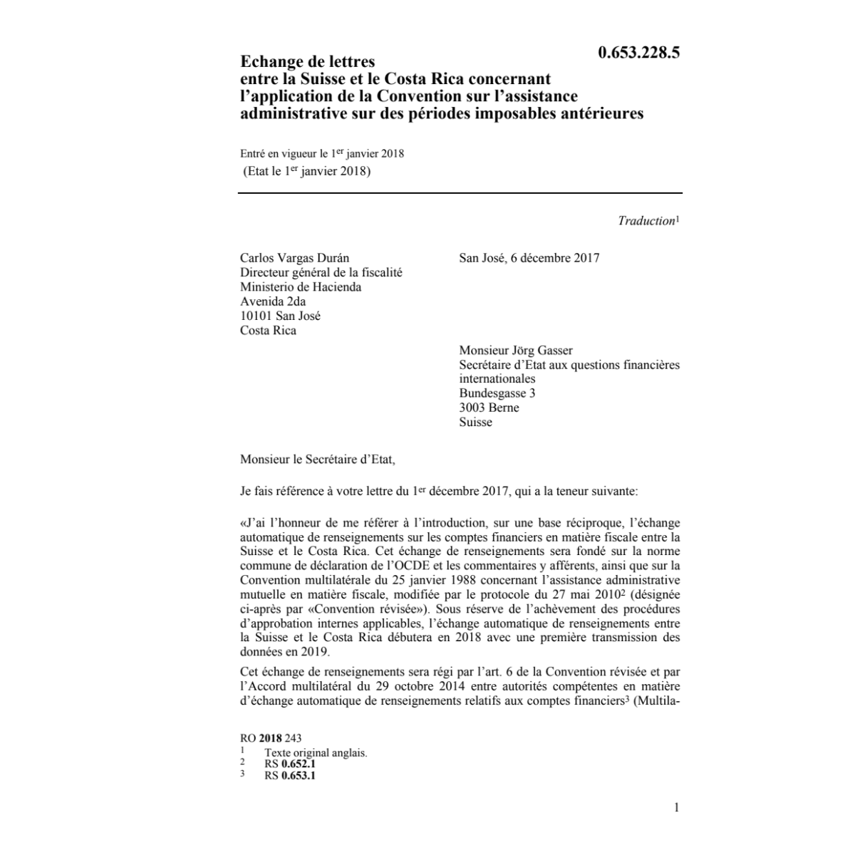 Echange lettres CH-Costa Rica imposables