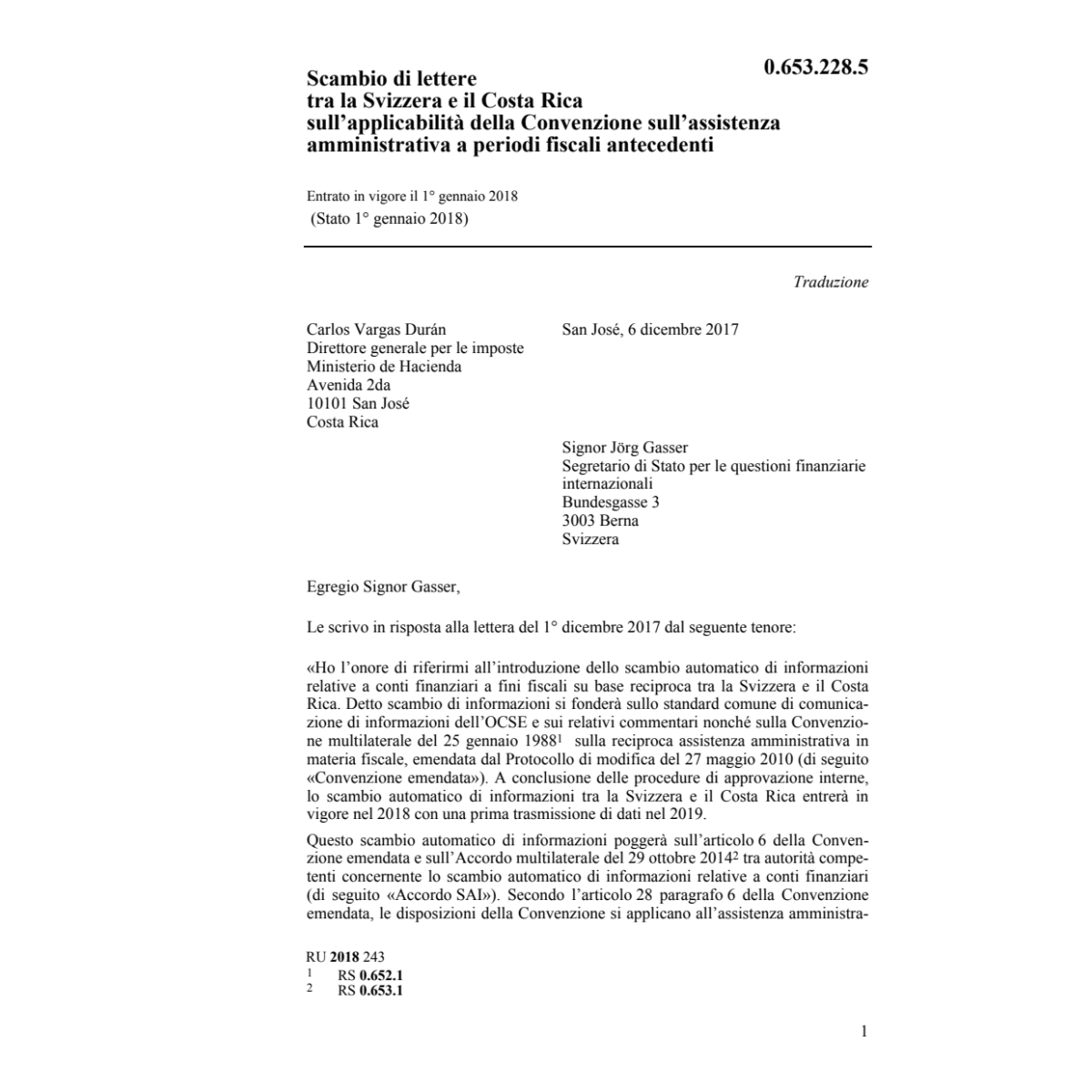 Scambio Lettere CH-Costa Rica fiscali