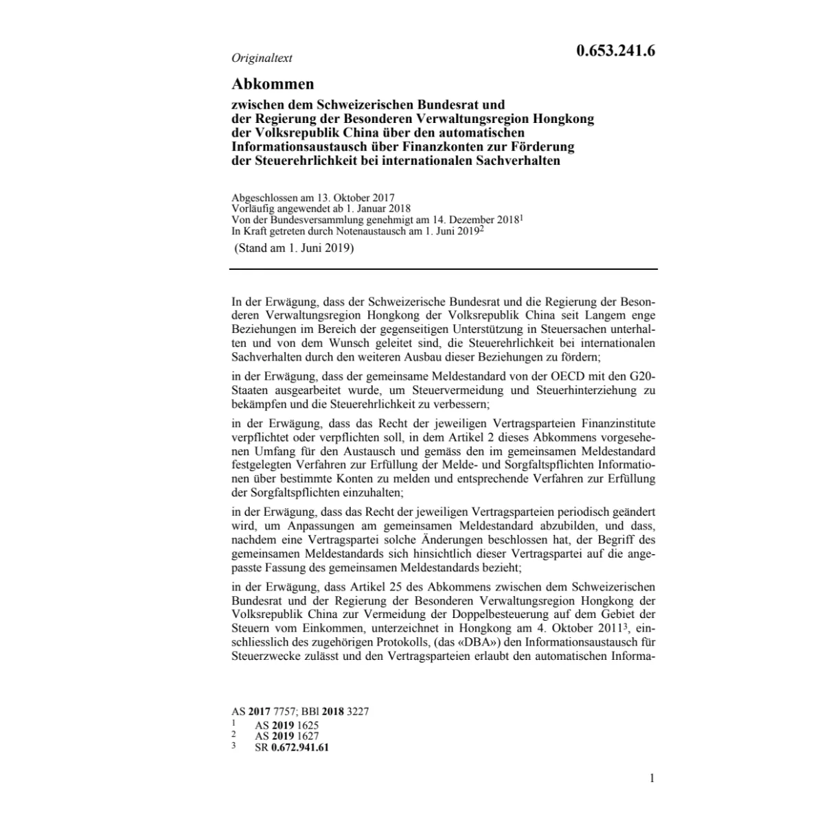 Abk. CH-Hongkong China Steuerehrlichkeit
