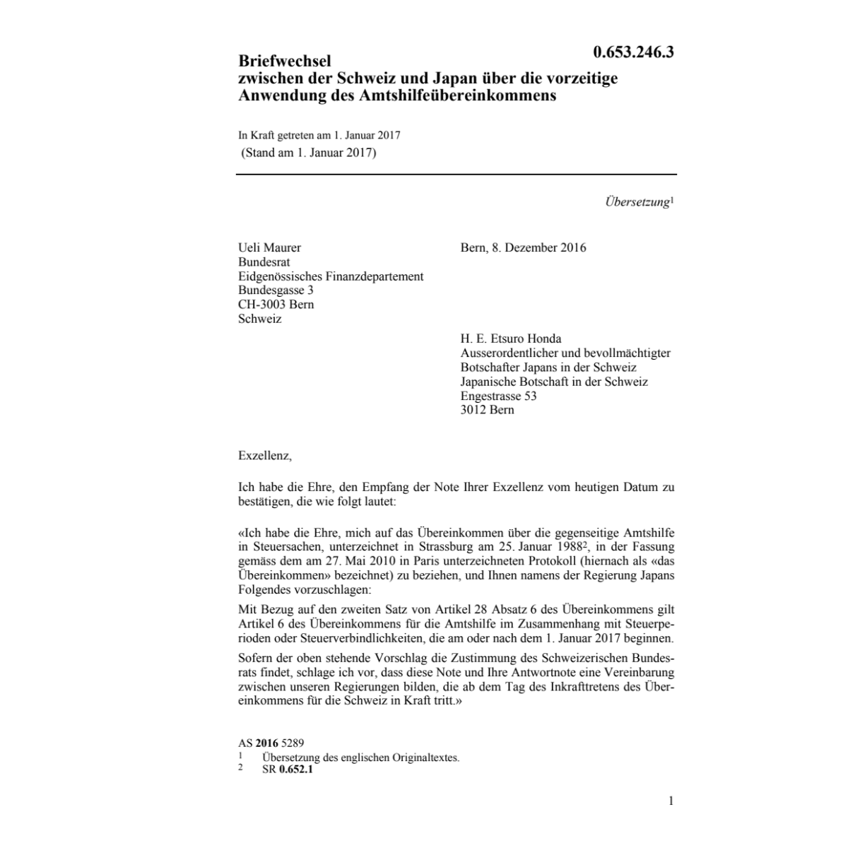 Briefw. CH-JPN Amtshilfeübereinkommen