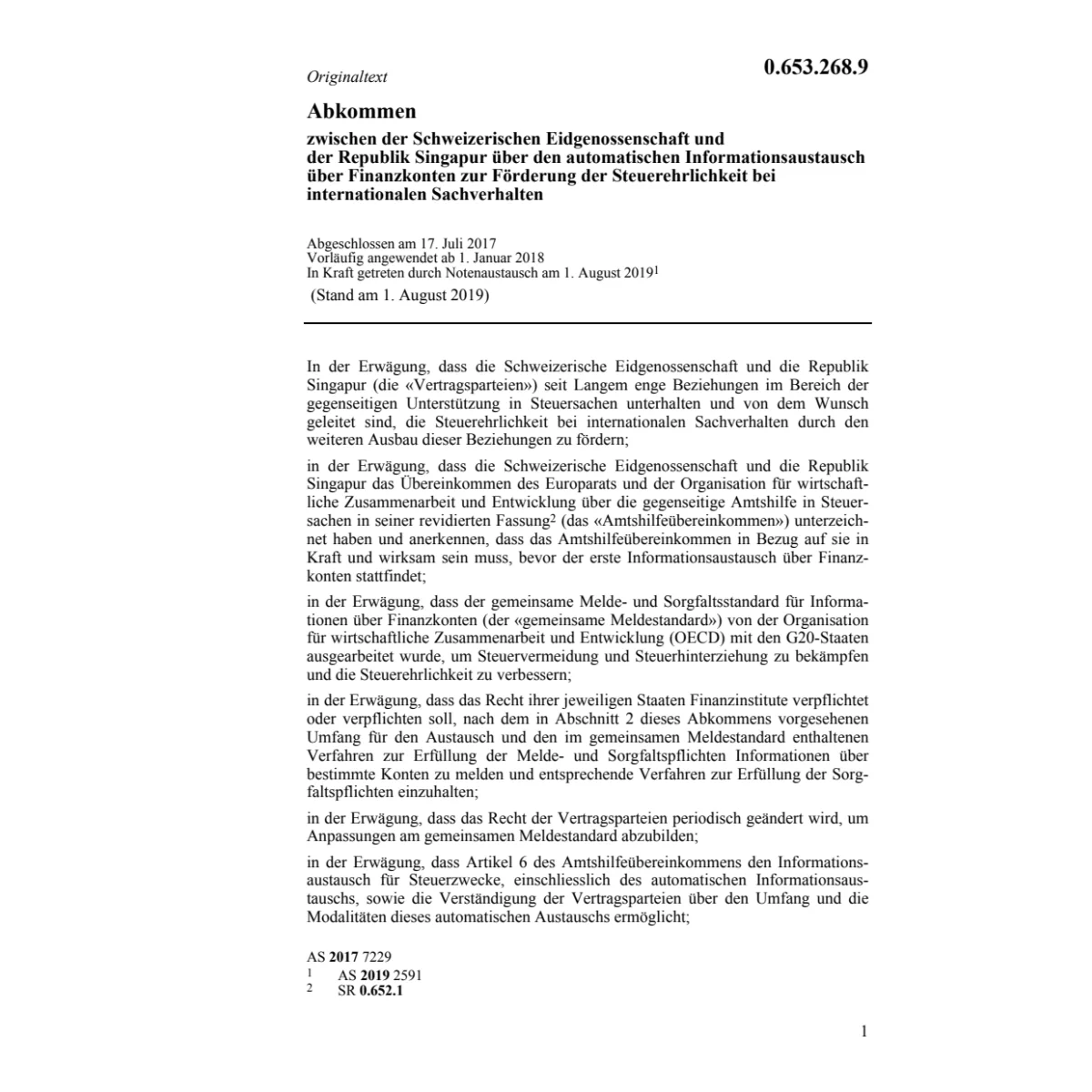 Abk. CH-Singapur Steuerehrlichkeit