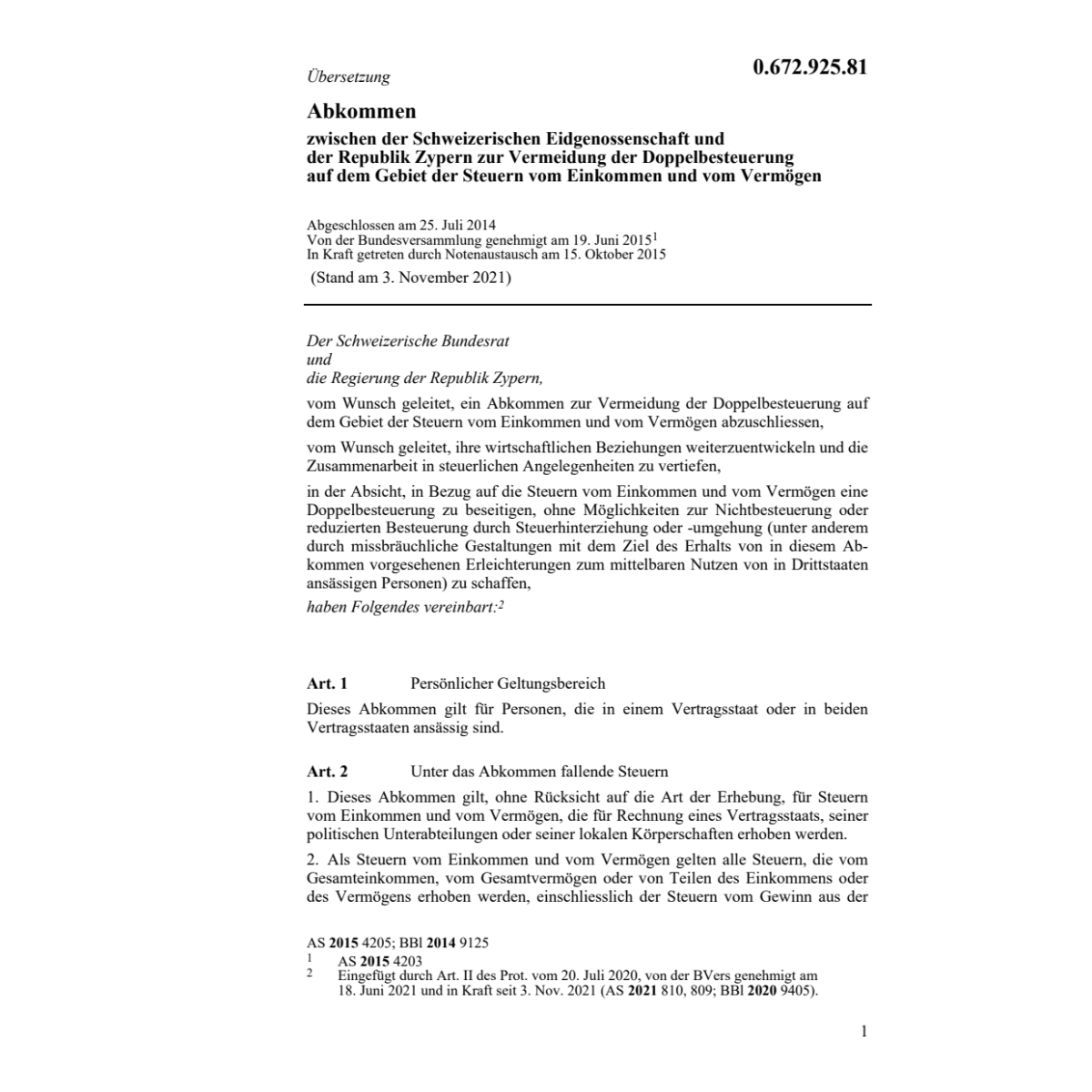 Abk. CH-Zypern Doppelbesteuerung