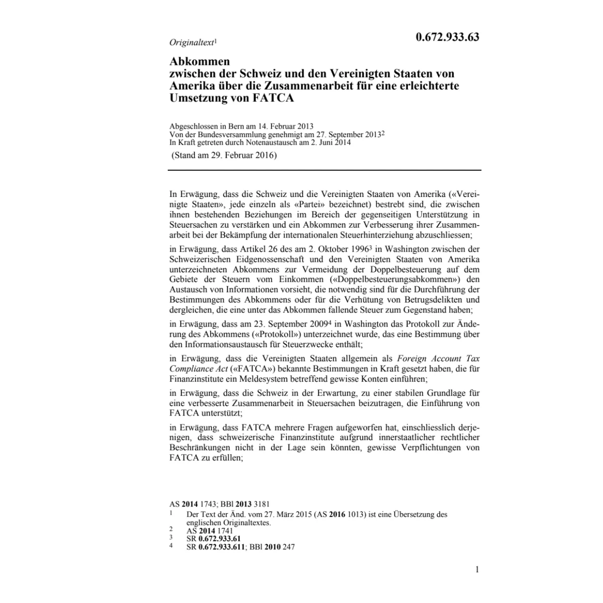 Abk. CH-USA Umsetzung FATCA