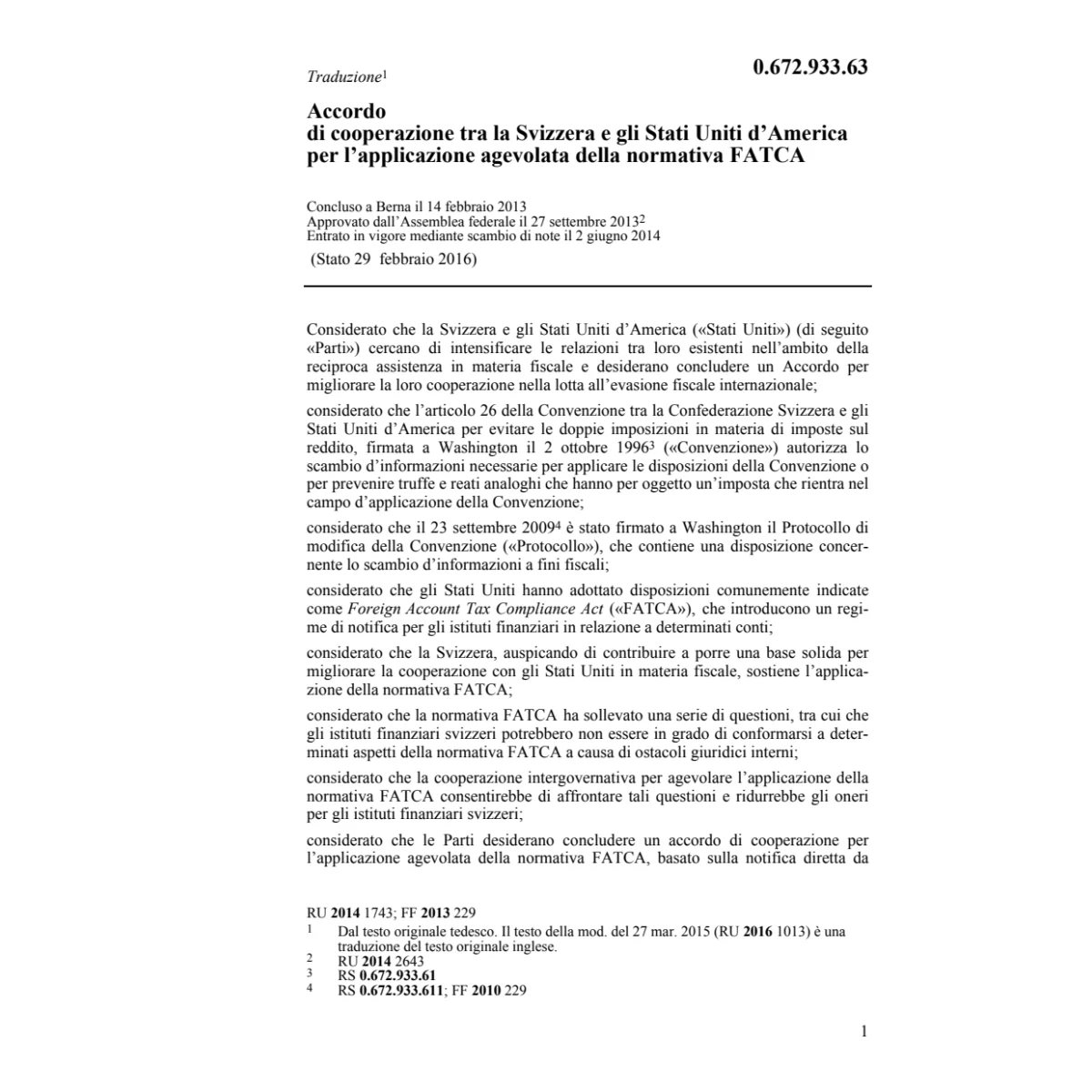 Acc. CH-USA agevolata FATCA