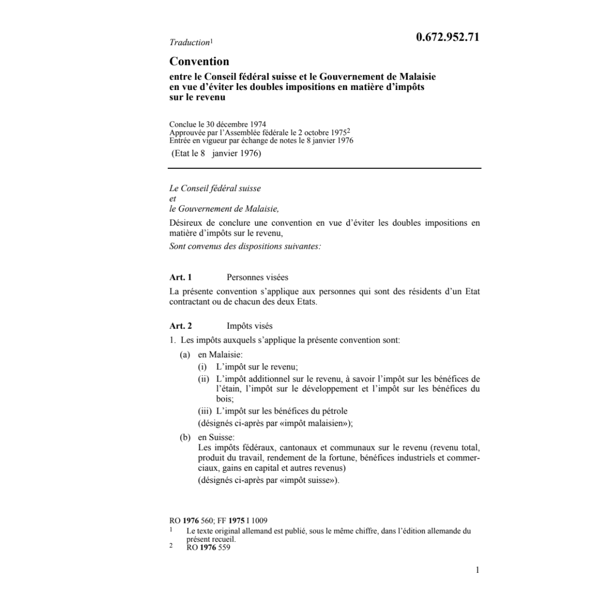 Conv. DI Suisse - Malaisie