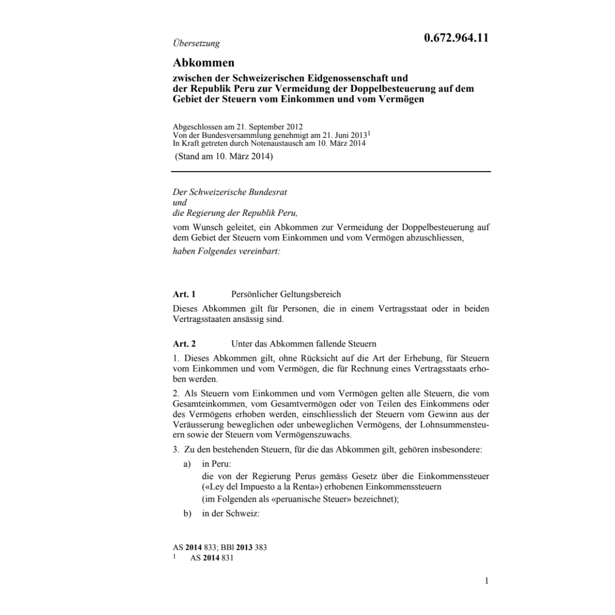 Abk. CH-Peru Doppelbesteuerung