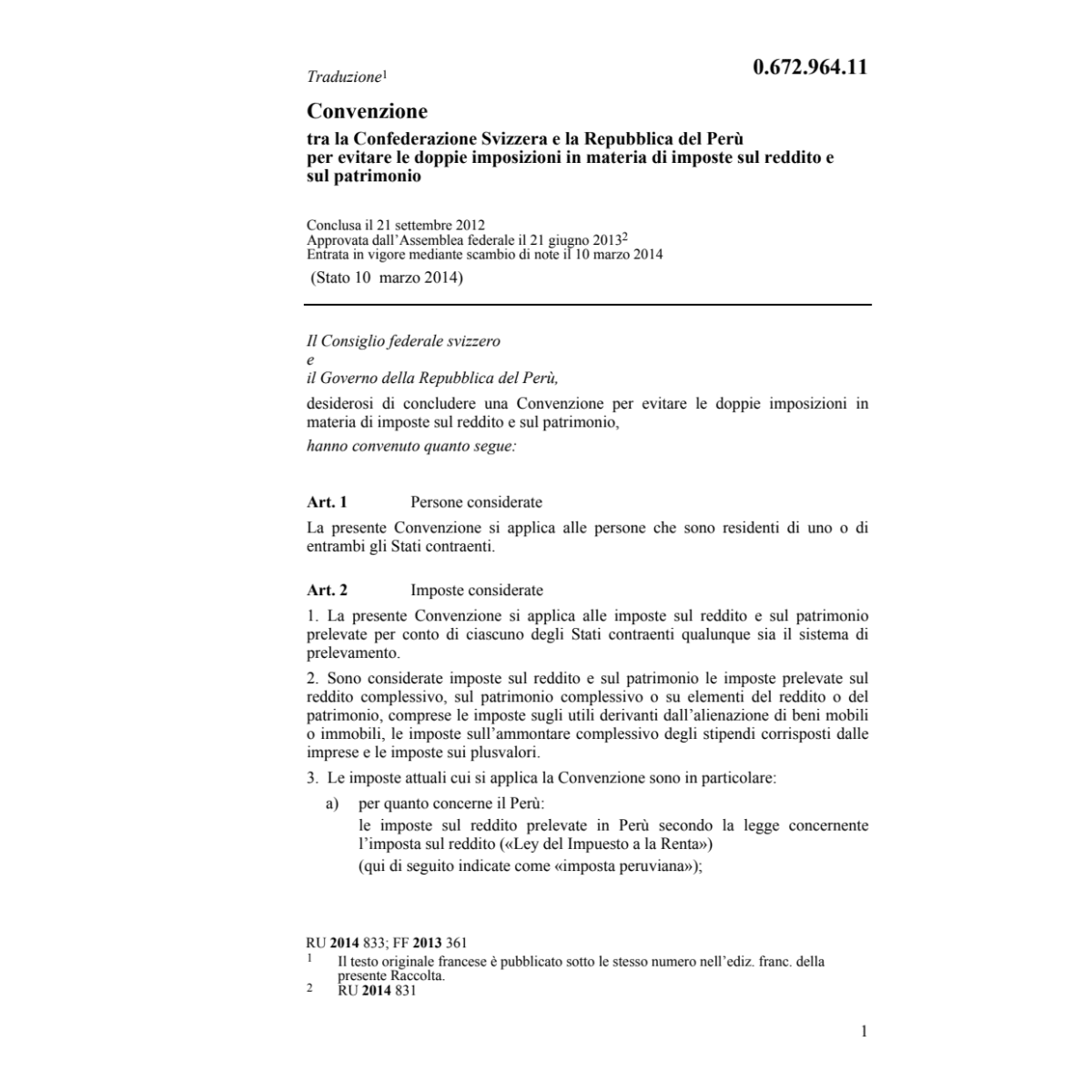 Conv. CH-Perù doppie imposizioni
