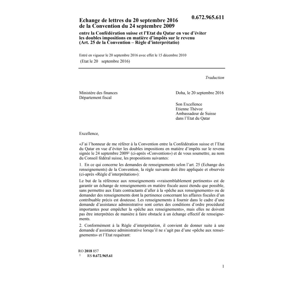 Échange de lettres CH-Qatar impositions