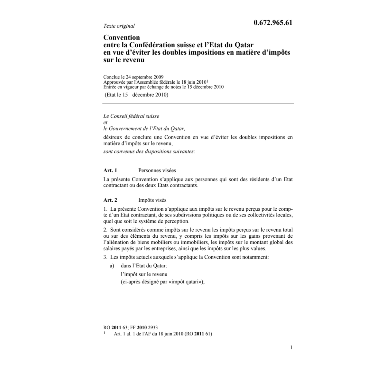 Conv.CH-Qatar doubles impositions revenu