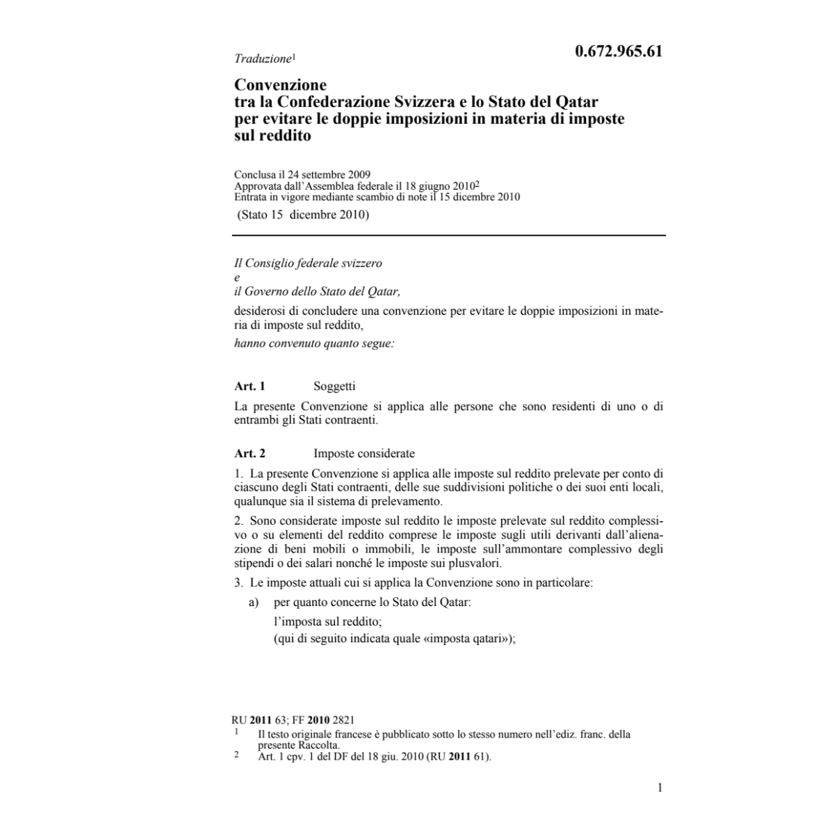 Conv.CH-Qatar doppie imposizioni reddito