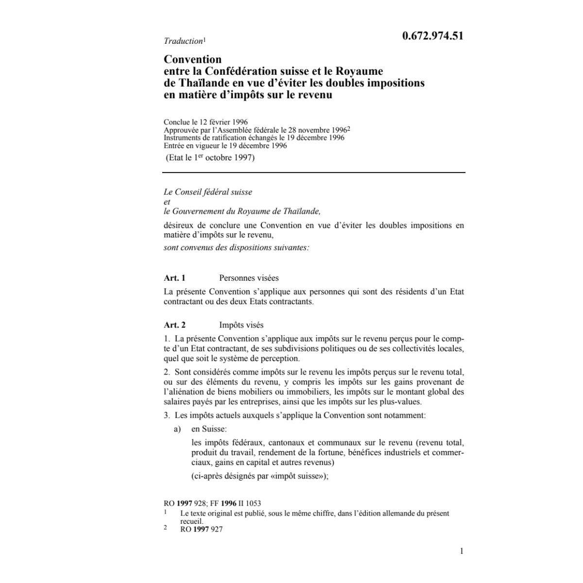 Conv. entre Suisse et Thaïland