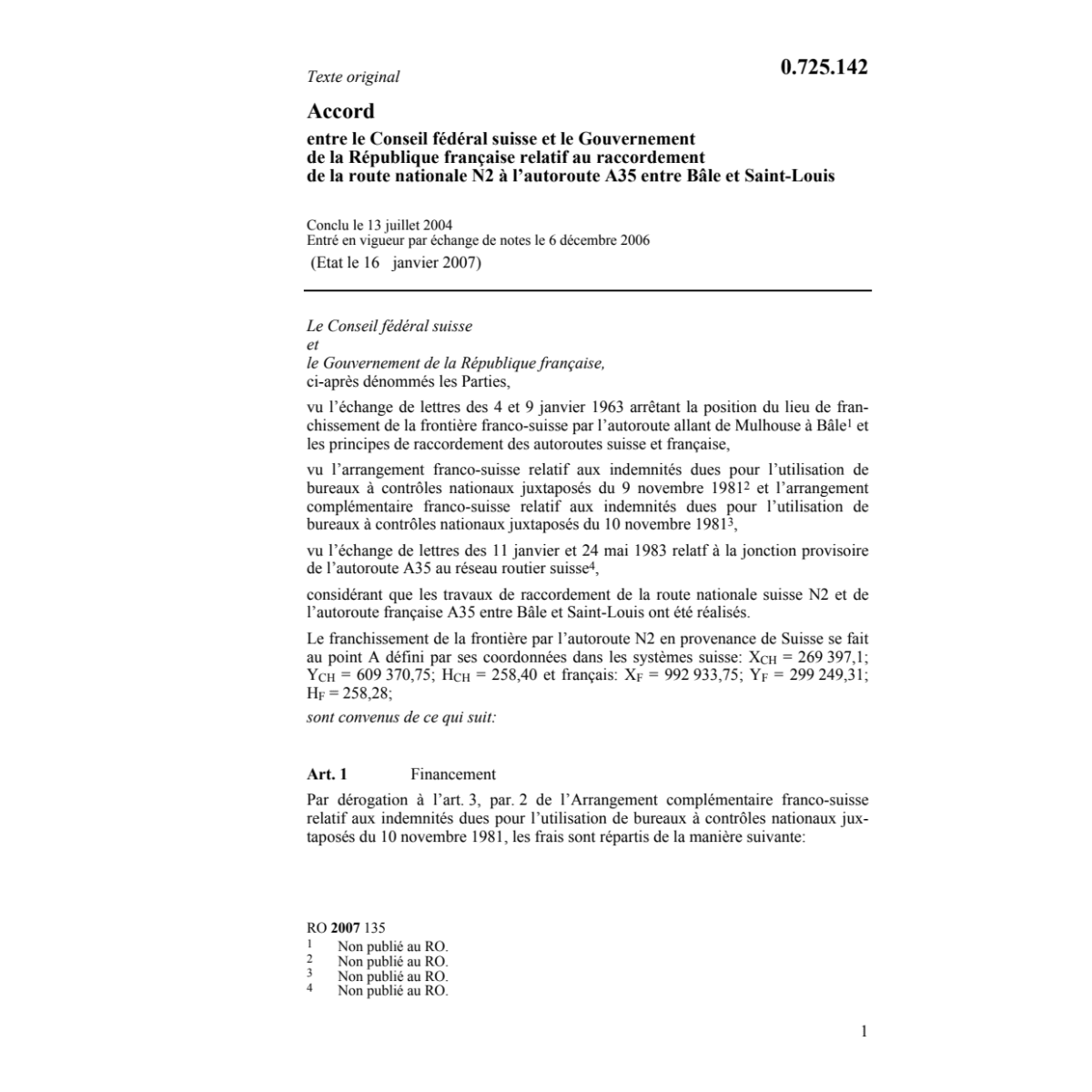 Acc. CH-F raccordement route nationale