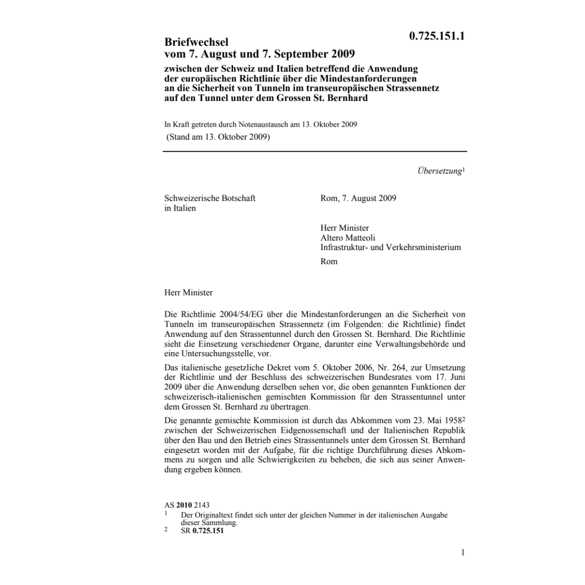 Briefwechsel CH-I Sicherheit Tunneln