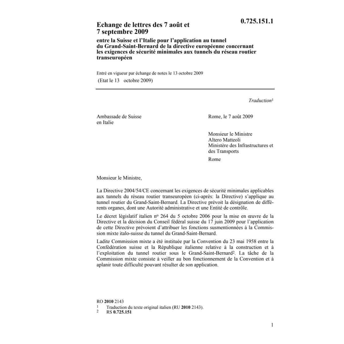 Echange de lettres CH-I sécurité tunnels