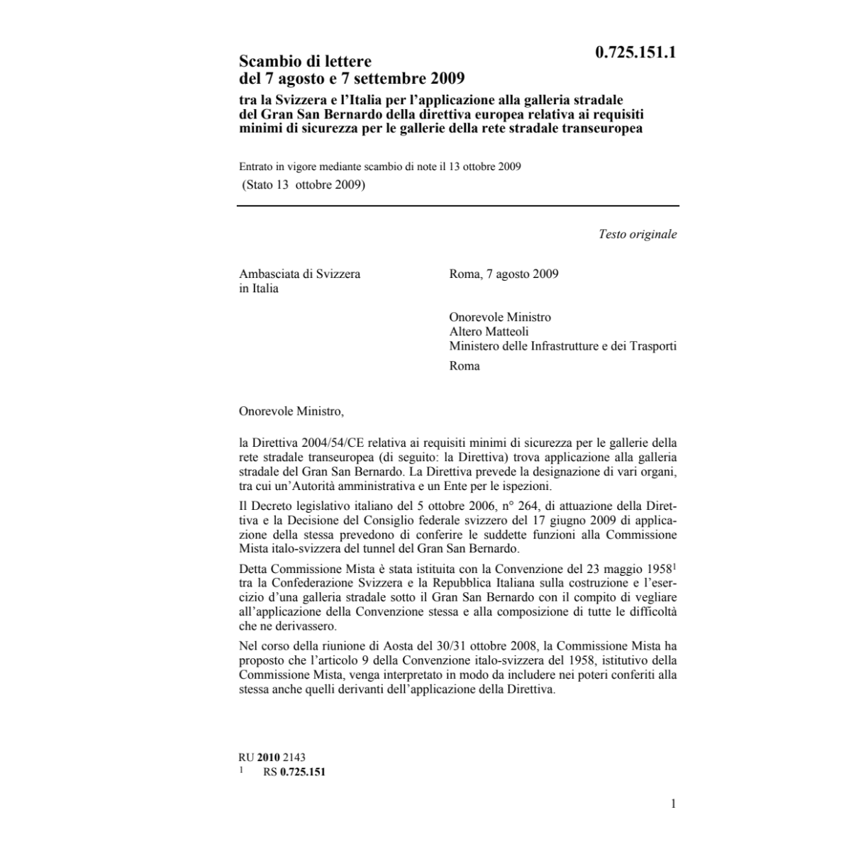 Scambio lettere CH-I sicurezza gallerie